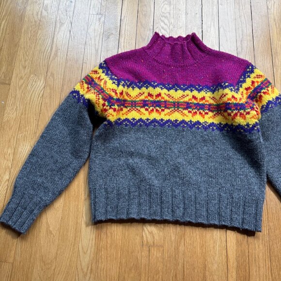 Express Vintage Size M Pink Yellow & Gray Fair Isle Wool Knit Mock Neck Sweater - Picture 4 of 12